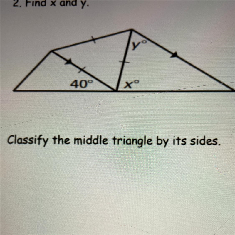 Find x and y Classify the middle triangle by its sides-example-1