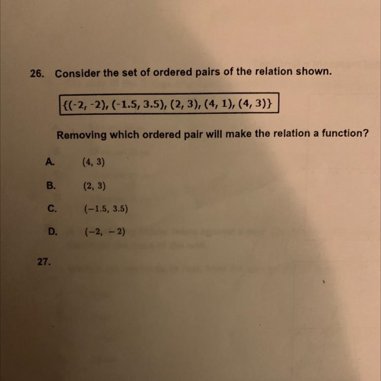 Removing which ordered pair will make the relation a function?-example-1