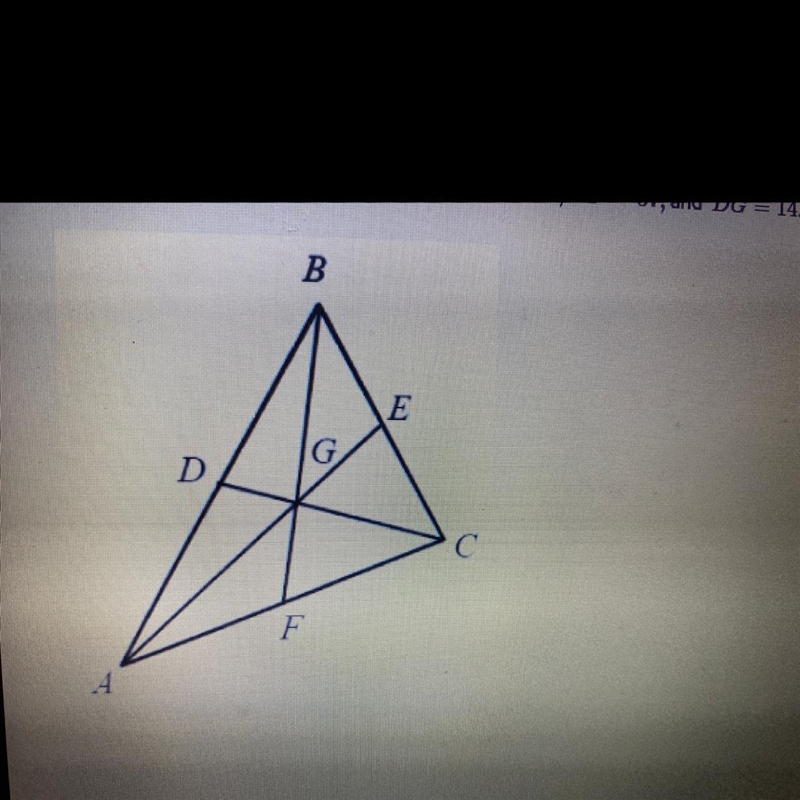 G is the centroid of AABC, FC = 35, AG = 42, BF = 57, and DG = 14. Find BG.-example-1