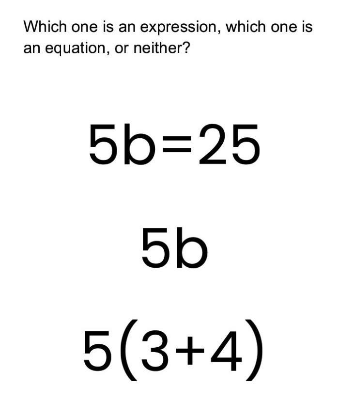 Which one is an expression, which one is an equation, or neither? Picture below​-example-1