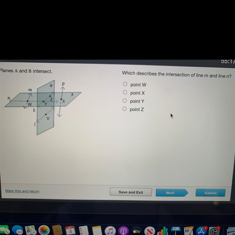 Planes A and B intersect. Which describes the intersection of line m and line n? P-example-1