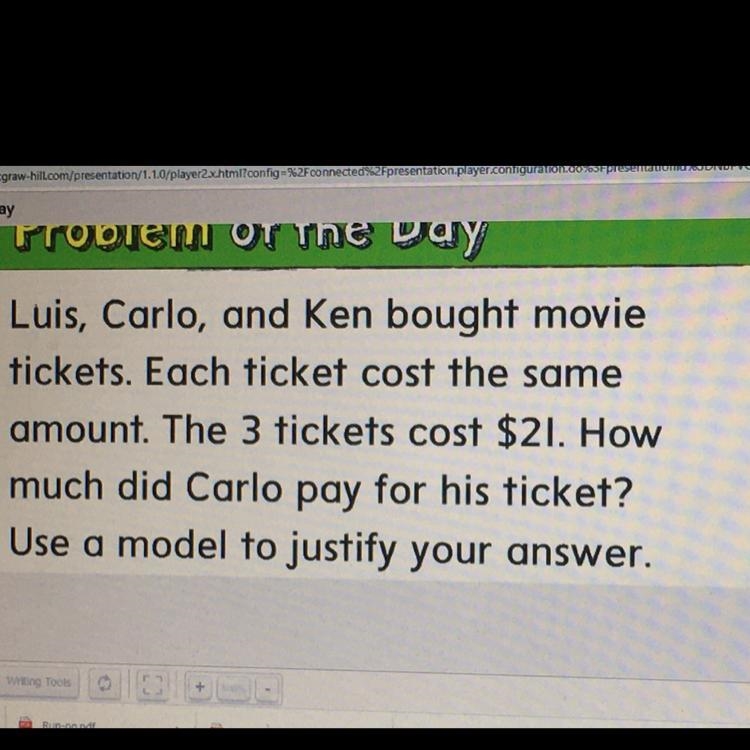 Luis, Carlo, and Ken bought movie tickets. Each ticket cost the same amount. The 3 tickets-example-1