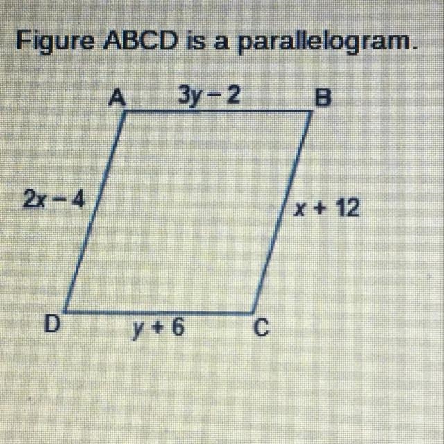 Figure ABCD is a parallelogram. What are the lengths of line segments AB and BC? 3 -2 в-example-1