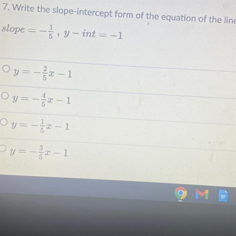 7. Write the slope-intercept form of the equation of the line. slope = -5 , y - int-example-1