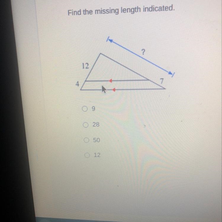 Find the missing length indicated. ? 12 4 9 28 50 12.-example-1