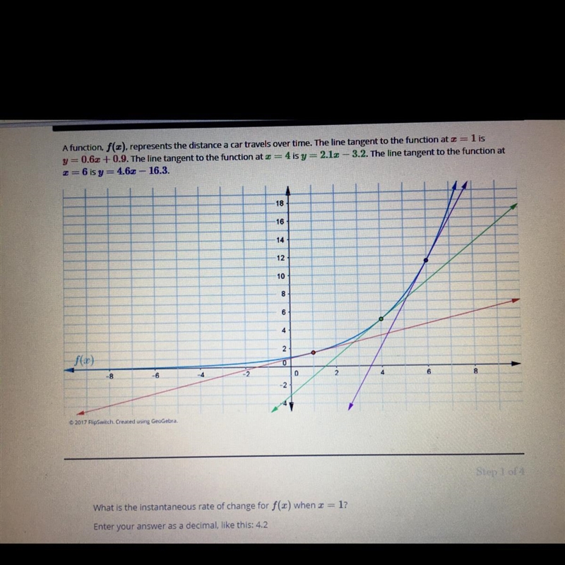 A function, f(x), represents the distance a car travels over time. The line tangent-example-1