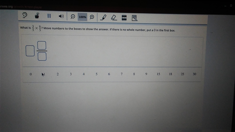 What is 3/5×6/5. Move the numbers to the boxes to show answer. If there is no whole-example-1