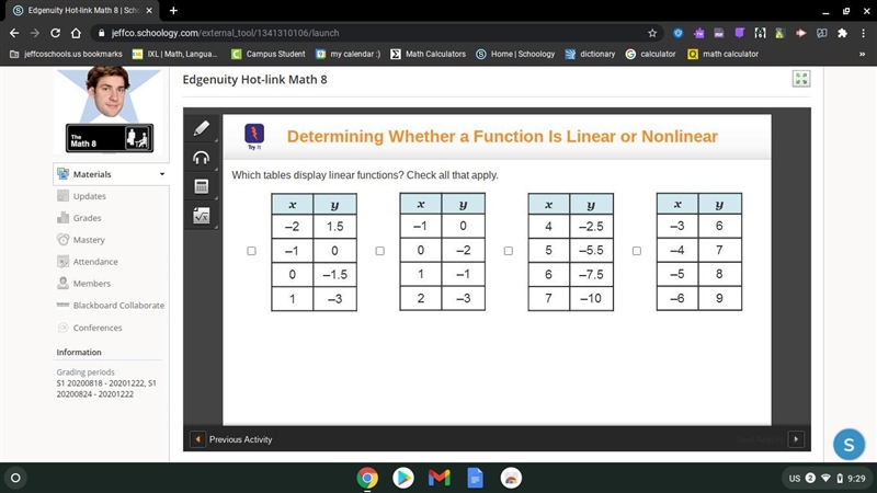 Which tables display linear functions? Check all that apply-example-1