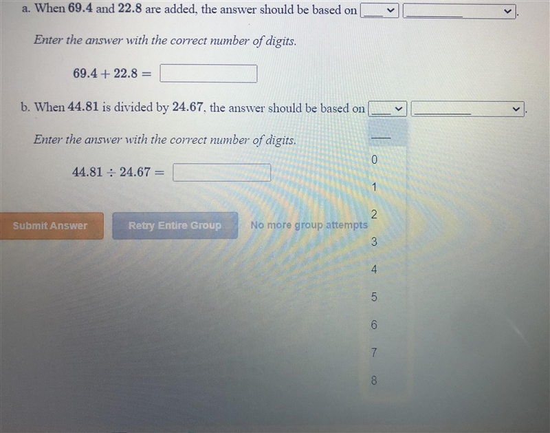 The second drop down menu on each question includes options: decimal place(s) or significant-example-1