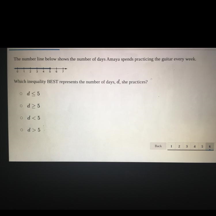 Which inequality BEST represents the number of days, d, she practices?-example-1