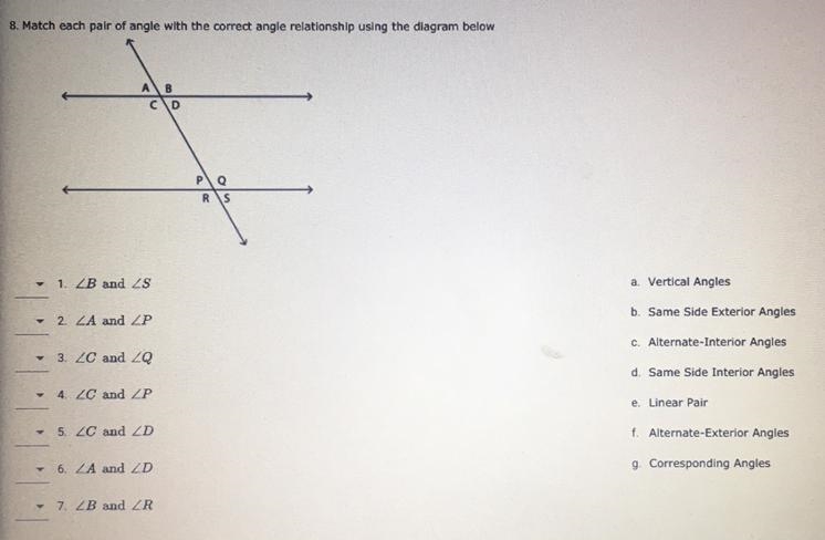 Please help!! Mach each pair of angle with the correct angle relationship using the-example-1