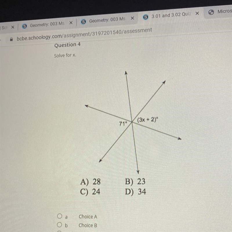 Solve for x (3x + 2) 71 A) 28 C) 24 B) 23 D) 34-example-1