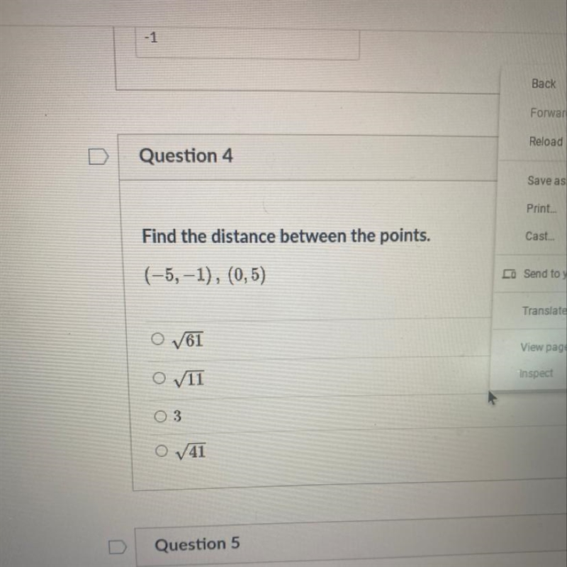 Find the distance between the points. (-5,-1), (0,5)-example-1