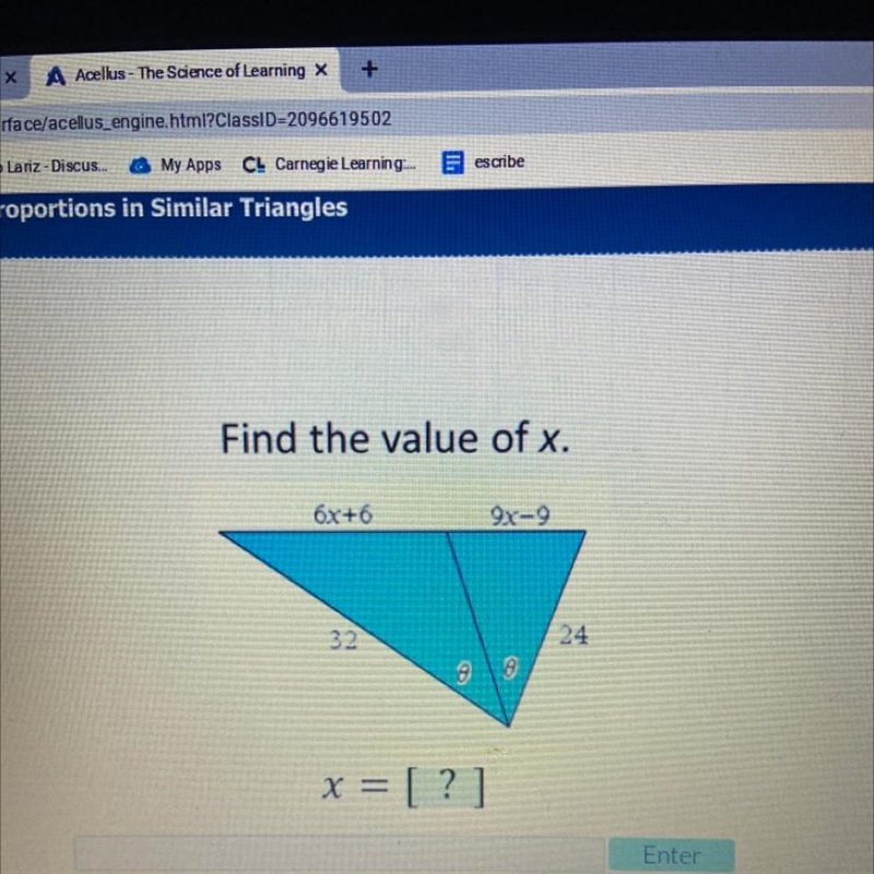 Find the value of x. 6x+6 9x-9 32 24 x = [?]-example-1