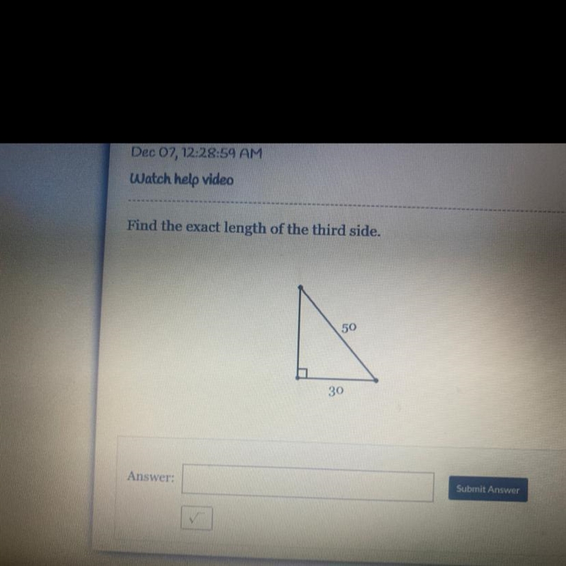 Find the exact length of the third side. 50 30-example-1