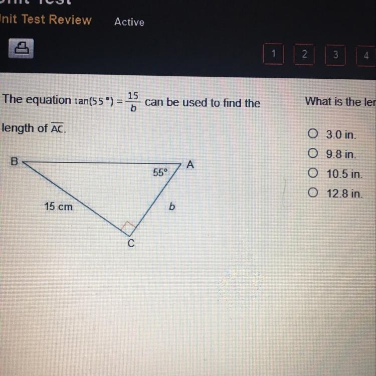 What is the length of AC? Round to the nearest tenth. 3.0in 9.8in 10.5in 12.8in-example-1