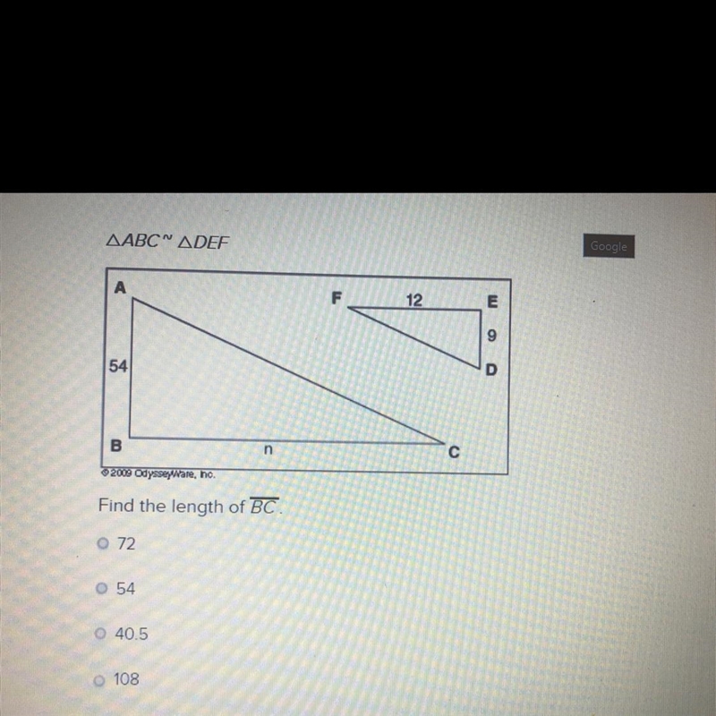 PLEASE HELP ? Find the length of BC A: 72 B: 54 C: 40.5 D: 108-example-1