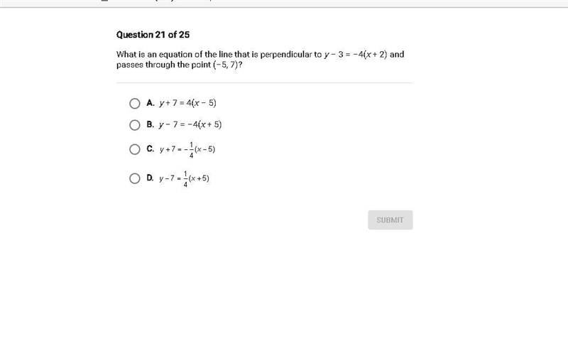 What is an equation of the line that is perpendicular to y - 3 = -4 x+2-example-1