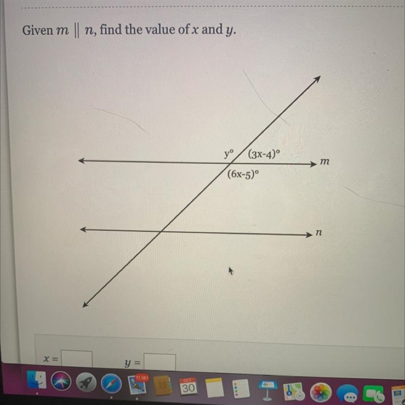 Given m || n, find the value of x and y. (3x-4) (6x-5)-example-1