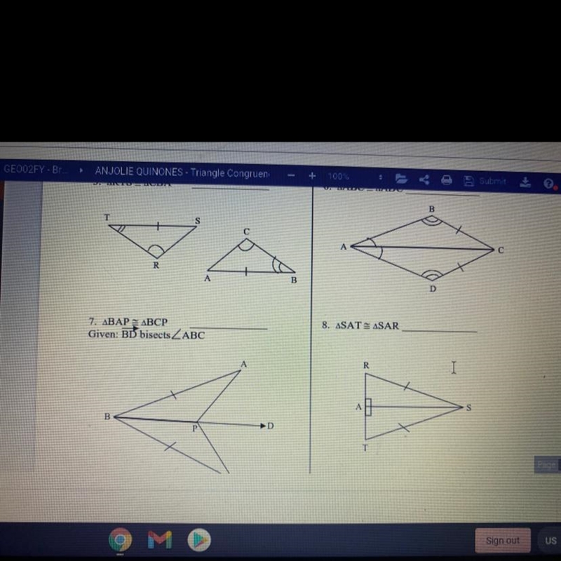 Triangle Congruence Worksheet #2 For each pair of triangles, tell which postulate-example-1