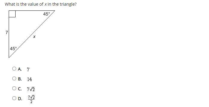 What is the value of x in the triangle? A. B. C. D.-example-1