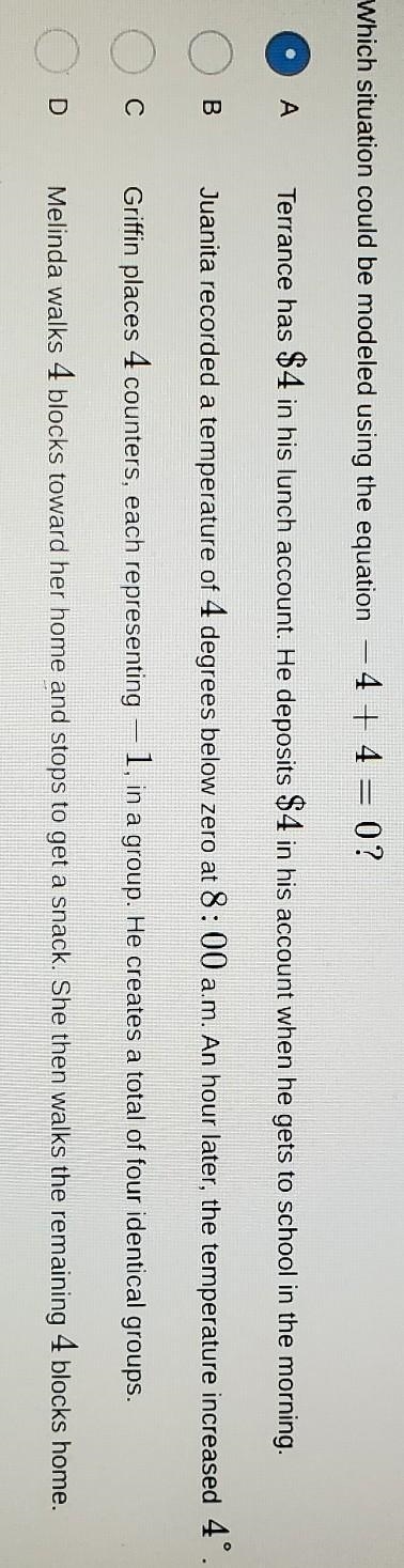 What situation can be modeled using the same equation -4 + 4 equals 0​-example-1