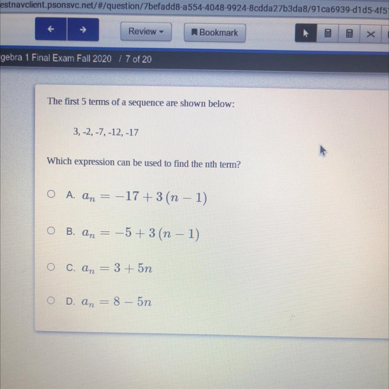 The first 5 terms of a sequence are shown below: 3, -2, -7, -12, -17 Which expression-example-1