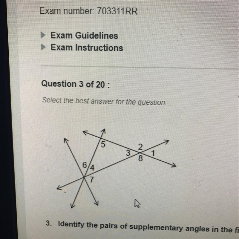 3. Identify the pairs of supplementary angles in the figure. A. Angle 1 and angel-example-1