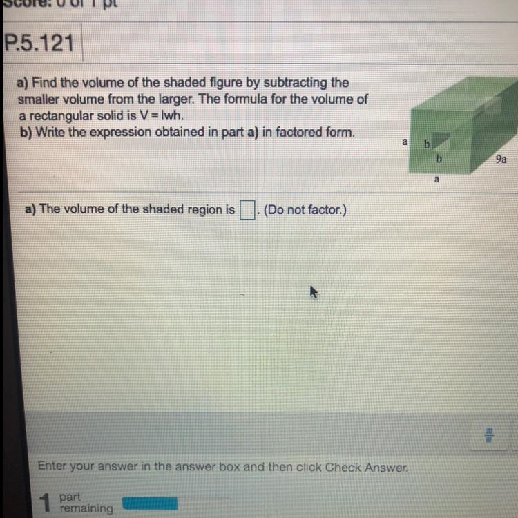 Find the volume of the shaded figure by subtracting the smaller volume from the larger-example-1