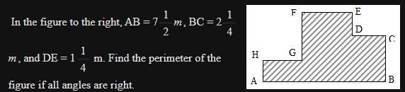 In the figure to the right, AB=7 1/2m, BC=2 1/4 m, and DE=1 1/4m. Find the perimeter-example-1