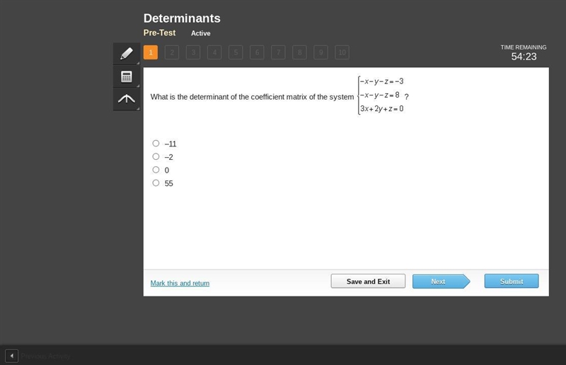 What is the determinant of the coefficient matrix of the system? please help!!!-example-1