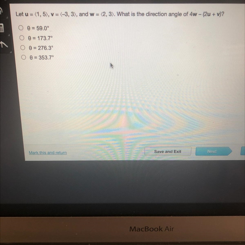 Let u = (1,5), v = (-3, 3), and w = (2,3). What is the direction angle of 4w - (2u-example-1