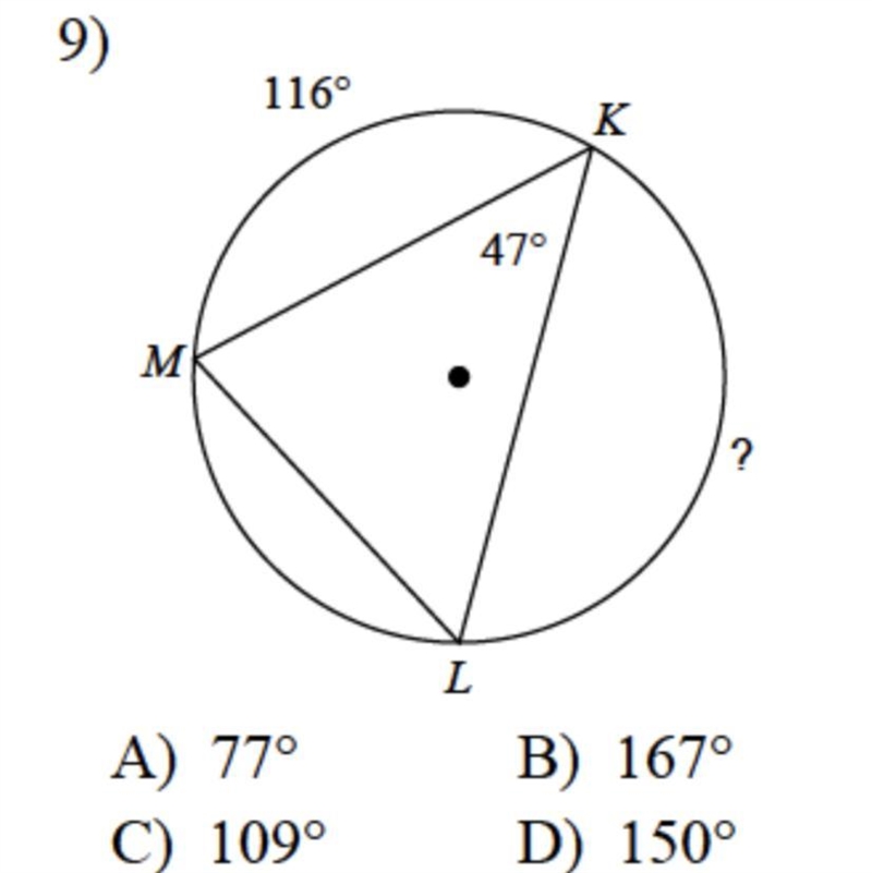 A) 77° C) 109° B) 167° D) 150°-example-1