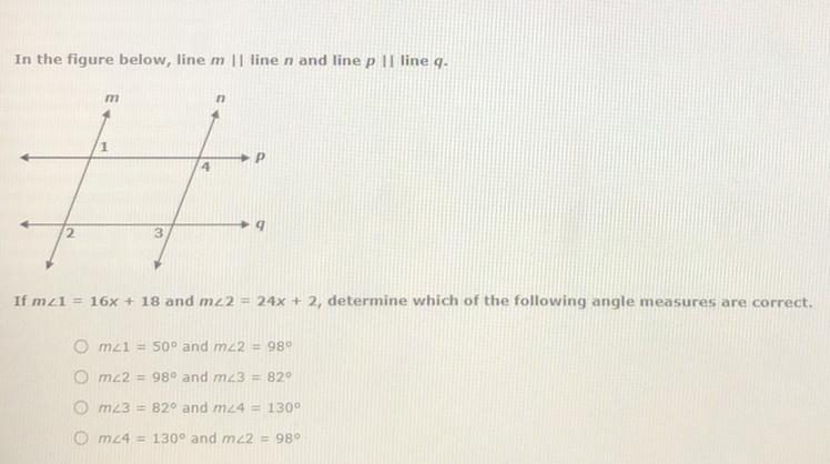 In the figure below, line m || line n and line p || line q. m n 1 4 IN 3 If mz1 = 16x-example-1