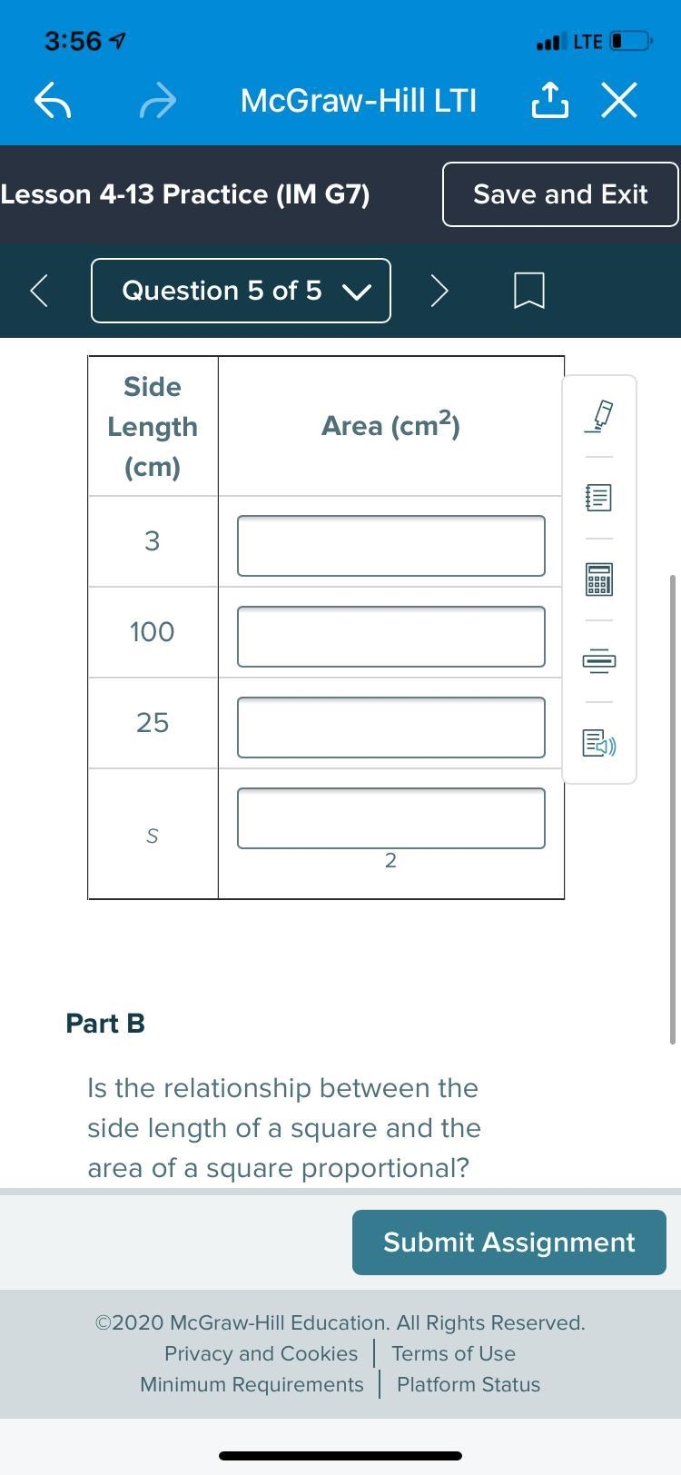 Fill in the table for side length and area of different squares.-example-1