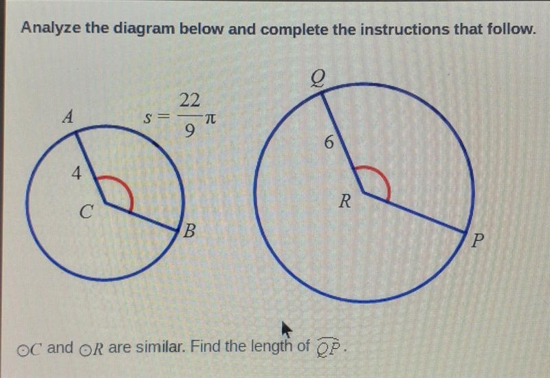 OC and OR are similar. Find the length of QP. A. 3/11pi B. 11/7pi C. 11/3pi D. 44/3pi-example-1