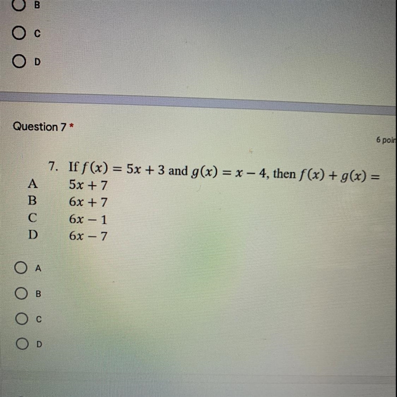 If f(x) = 5x + 3 and g(x) = x – 4, then f(x) + g(x) =-example-1