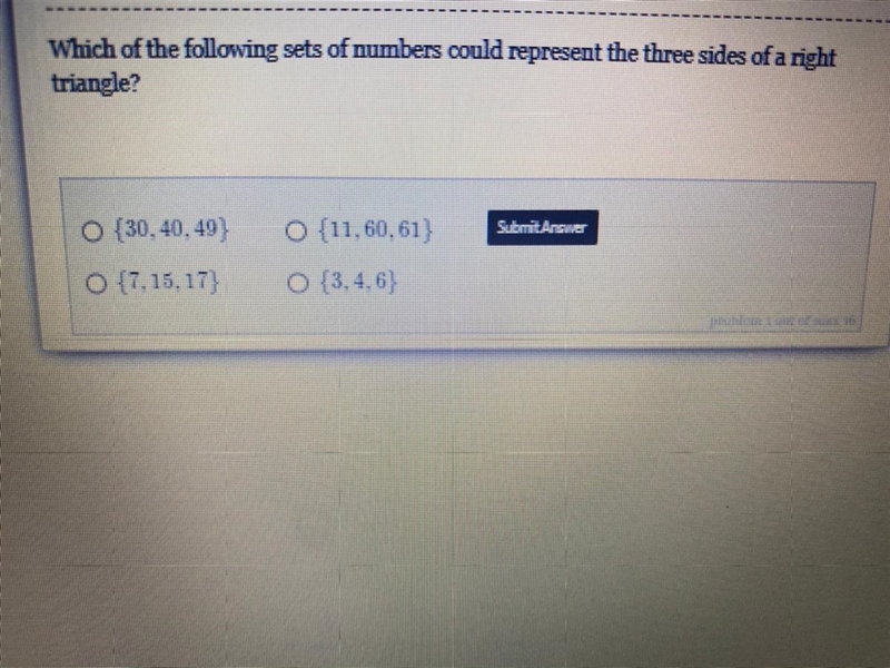 Which of the following sets of numbers could represent the three sides of a right-example-1