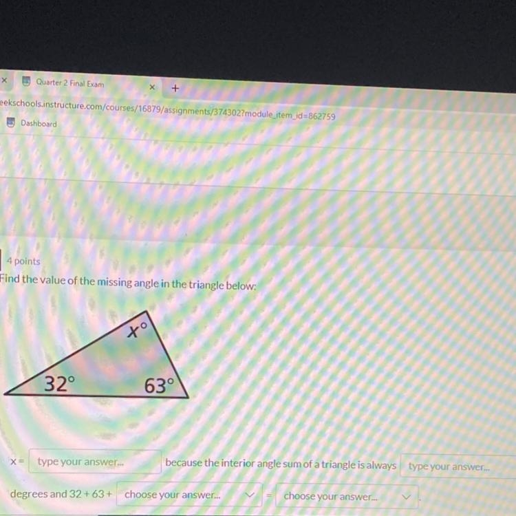 Find the value of the missing angle in the triangle below:-example-1