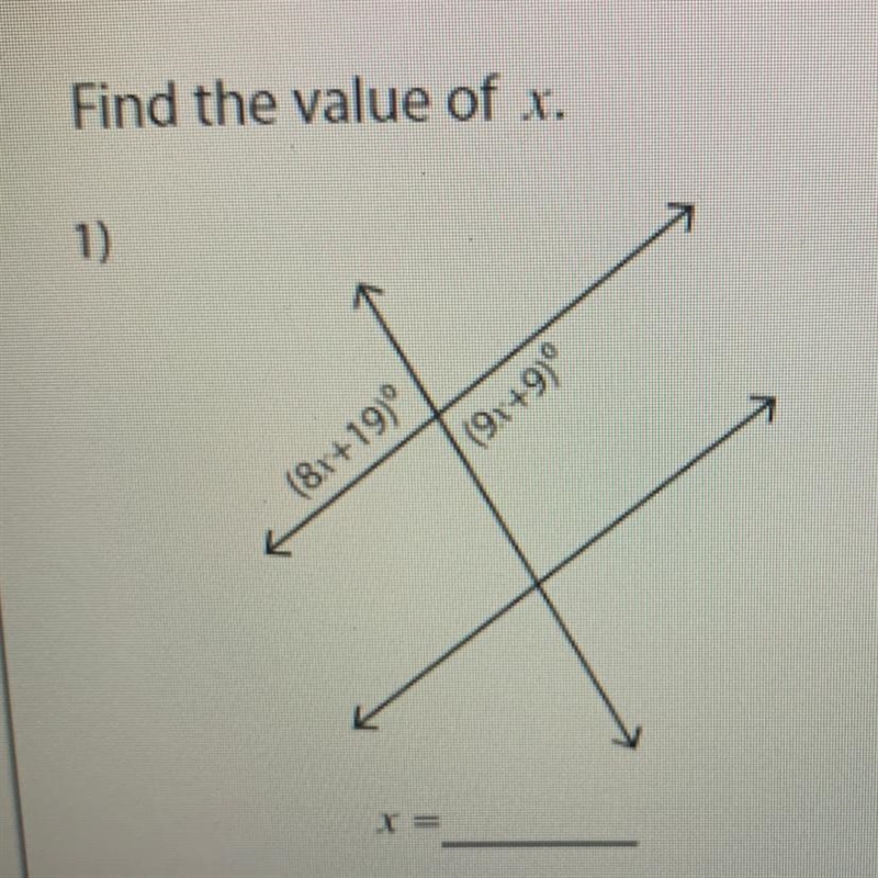 Find the value of x. (8x+19)(9x+9) Please give step by step-example-1