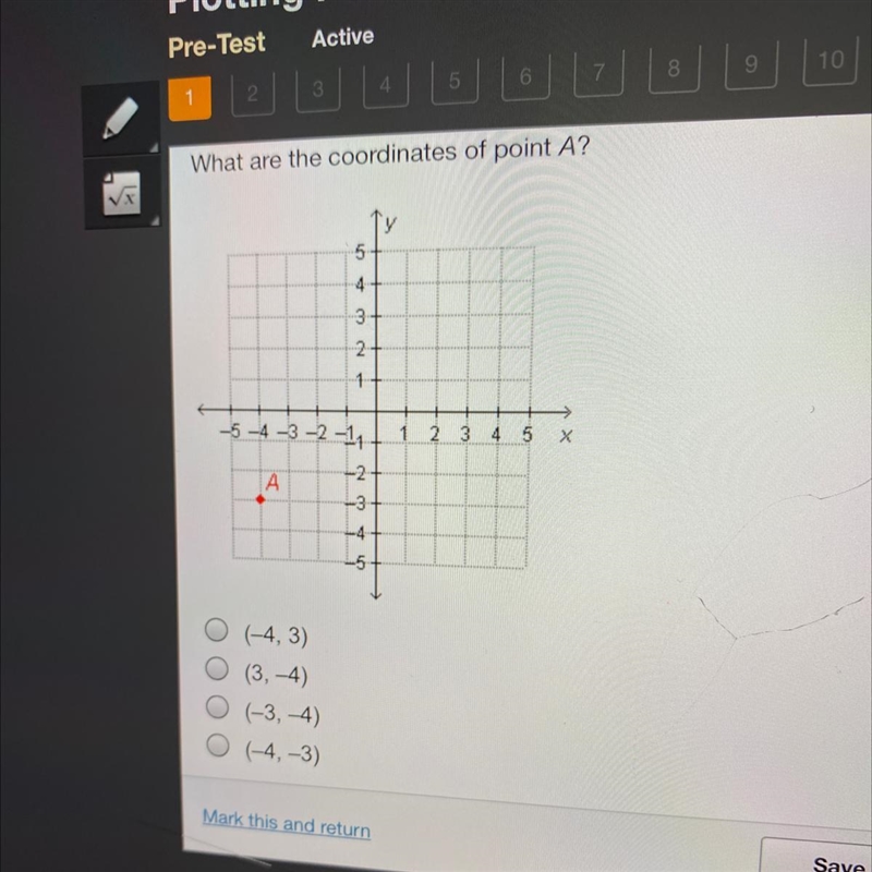 HELP QUICKLY What are the coordinates of point A? 5 5 4 3+ 2 1 1 2 3 4 5 X 54 -3 -2 -11 -2 А-example-1