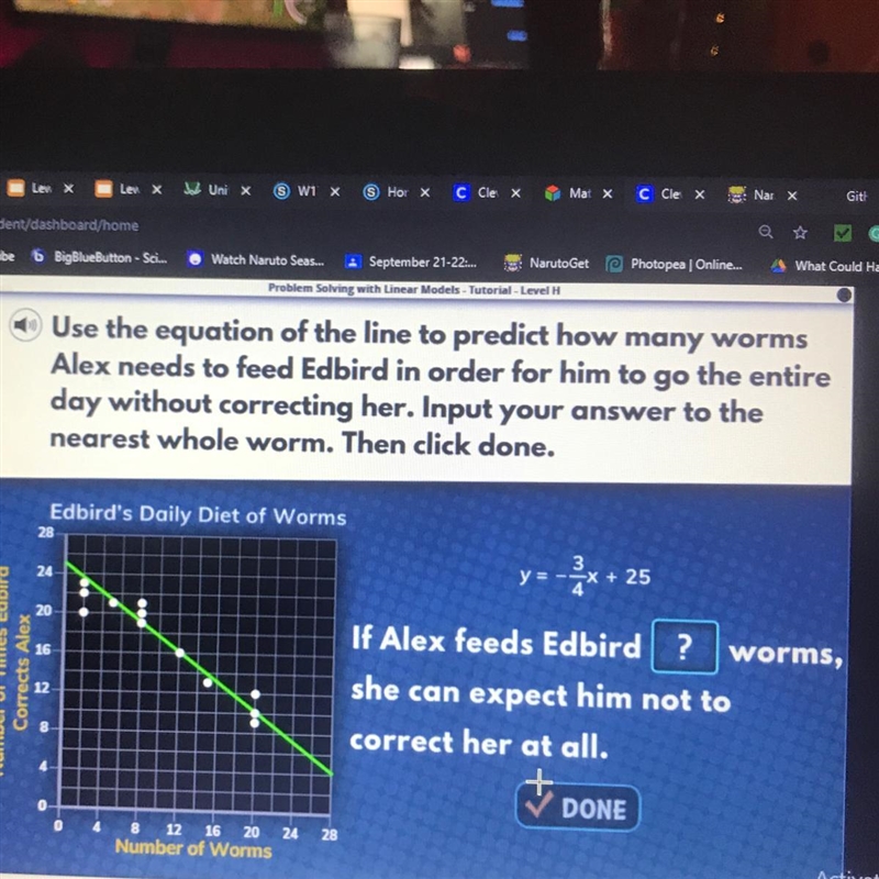 Use the equation of the line to predict how many worm Alex needs to feed Edbird in-example-1