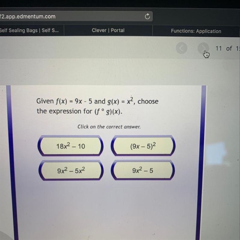 Given f(x) = 9x - 5 and g(x) = x², choose the expression for (fºg)(x).-example-1