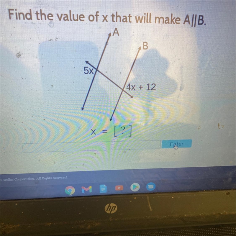 Find the value of x that will make A||B. А 5X (4x + 12 x < = [?]-example-1