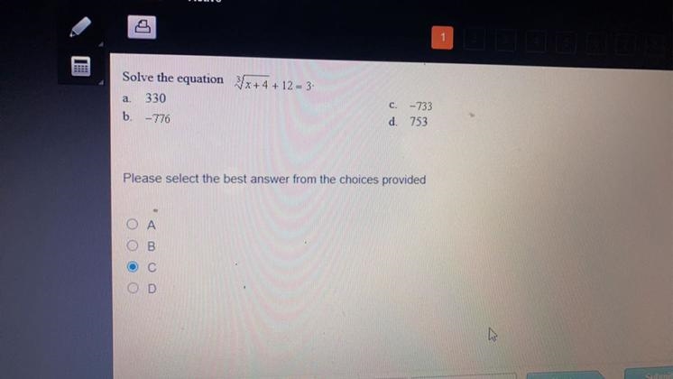 Solve the equation V2 + 4 + 12 = 3- a. 330 -733 d. 753 b. -776 Please select the best-example-1