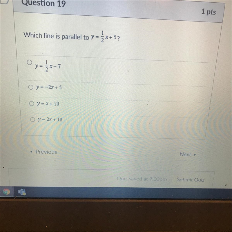 Which line is parallel to y=1/2x+5?-example-1