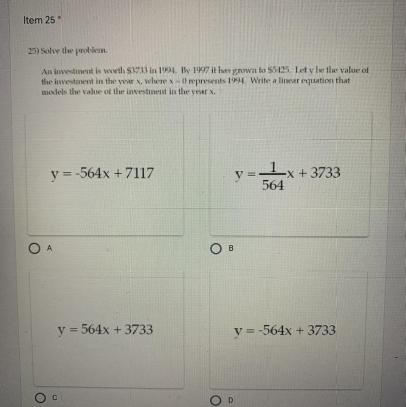 Item 25 25) Solve the problem. An investment is worth $3733 in 1994. By 1997 it has-example-1