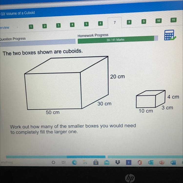 The two boxes shown are cuboids. 20 cm 4 cm 30 cm 3 cm 50 cm 10 cm Work out how many-example-1