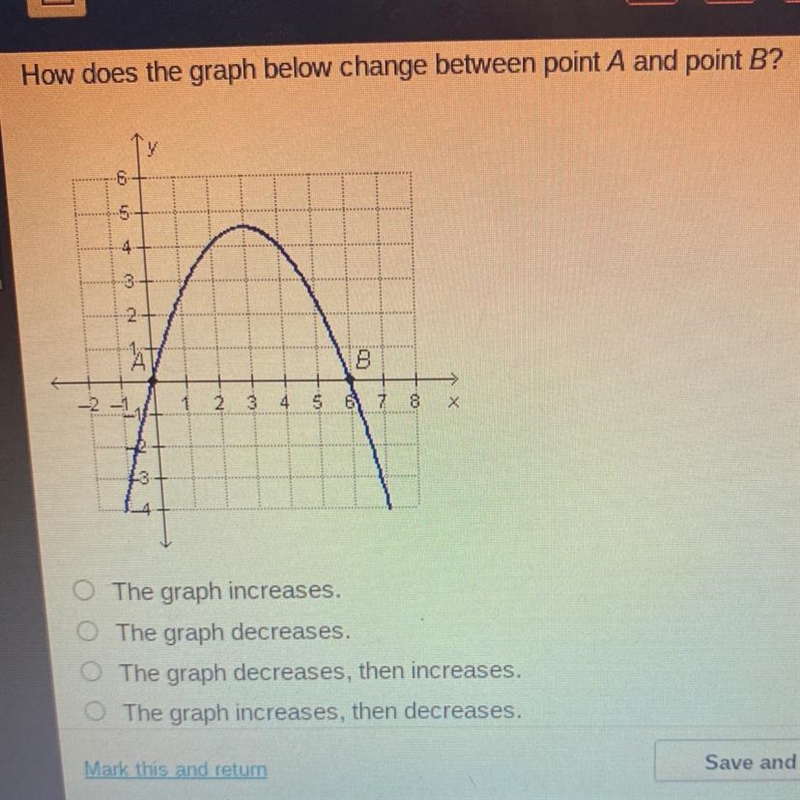 How does the graph below change between point A and point B?-example-1