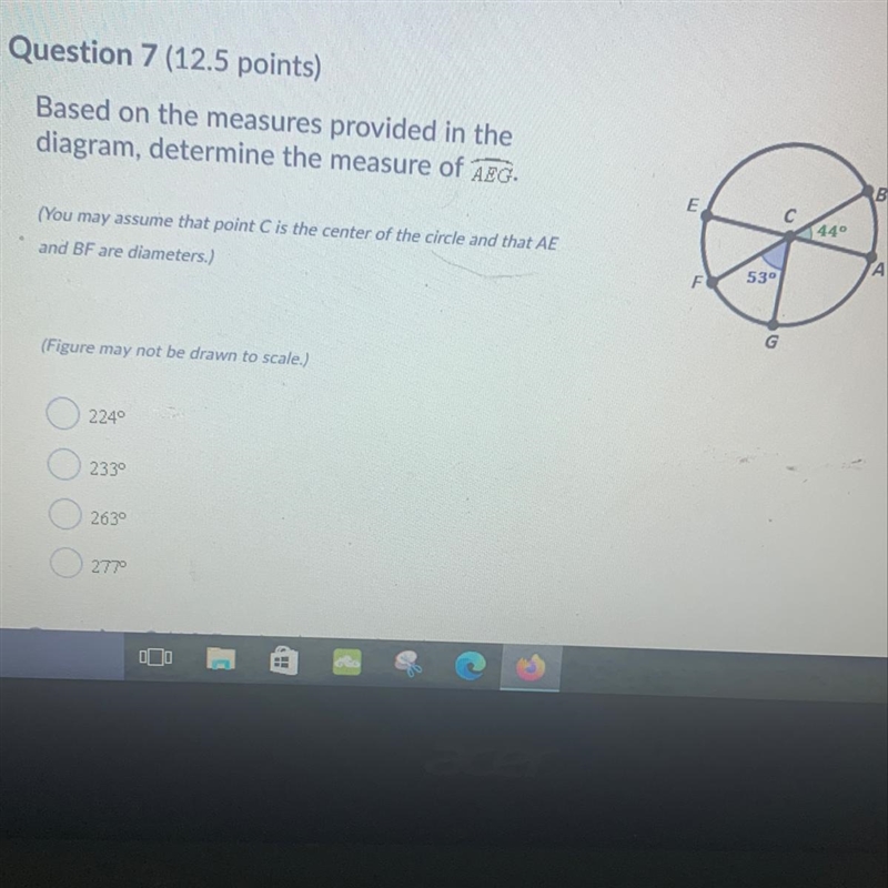 Based on the measures provided in the diagram, determine the measure of AEG-example-1